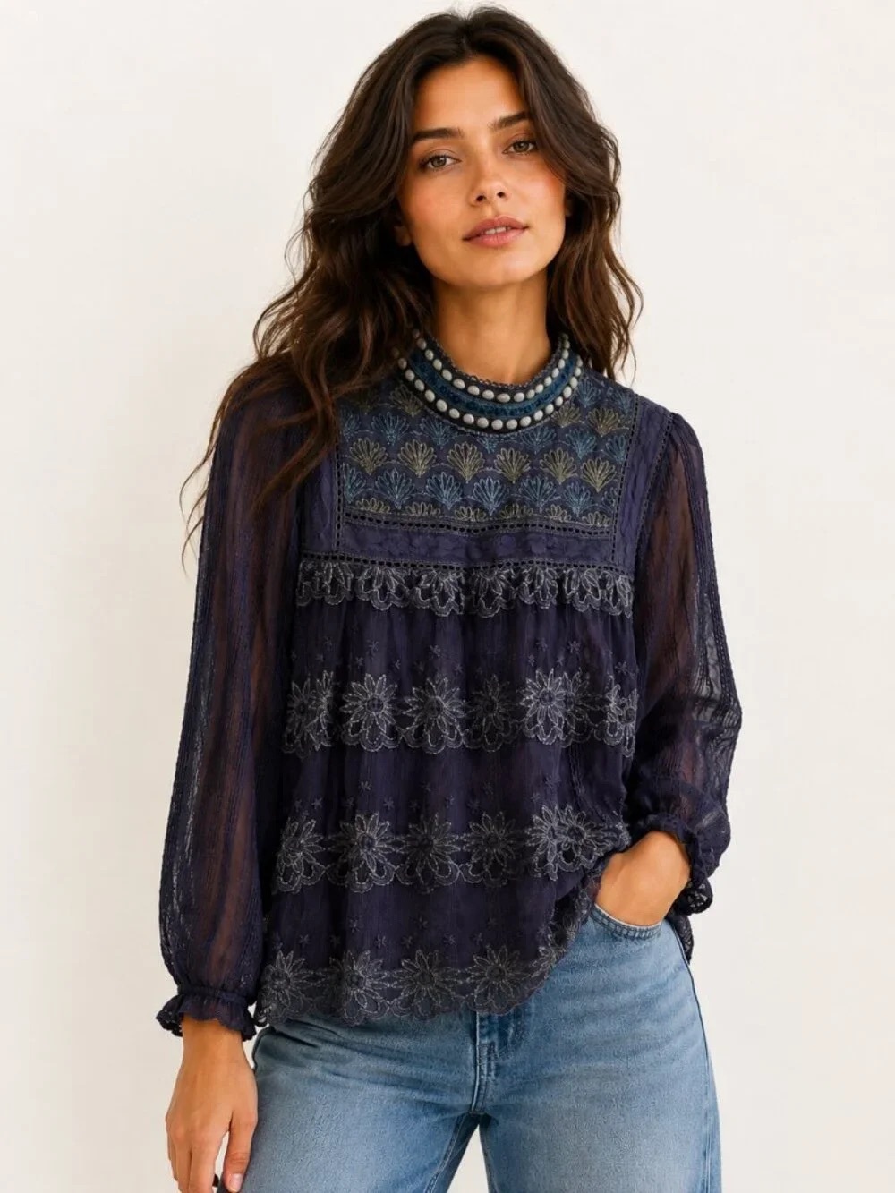 Embroidered Navy Long-Sleeve Lace Blouse